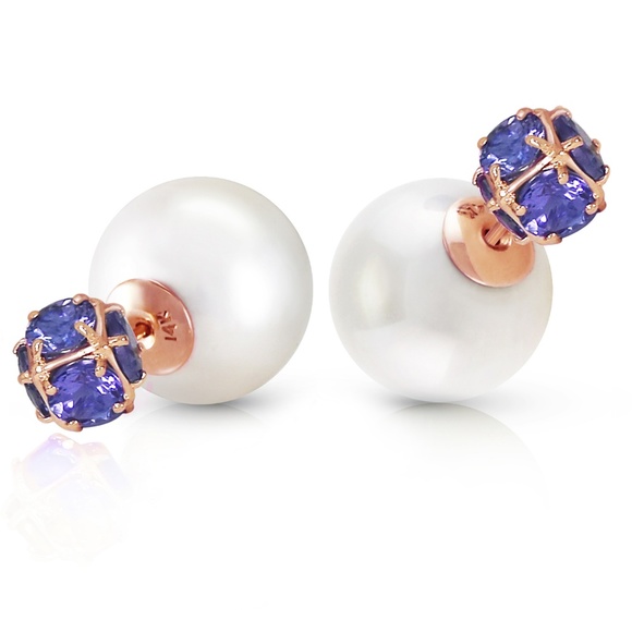 SHELL PEARLS AND TANZANITES STUD EARRINGS - Picture 3 of 6